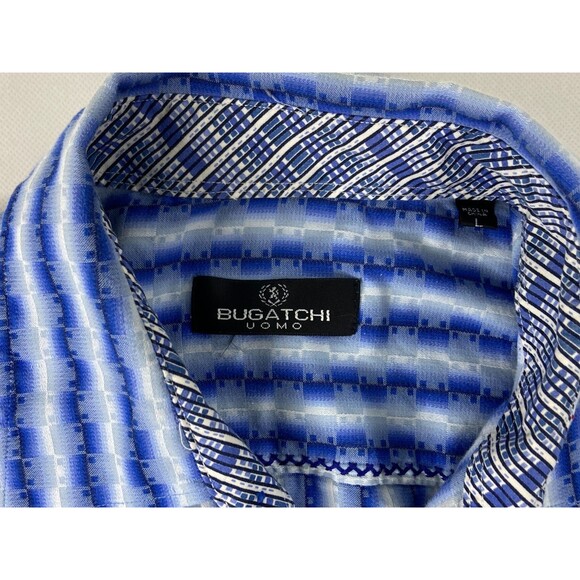 Bugatchi Uomo Men Large Button Front Shirt Blue Geometric Stripe Flip Cuff - Picture 6 of 9